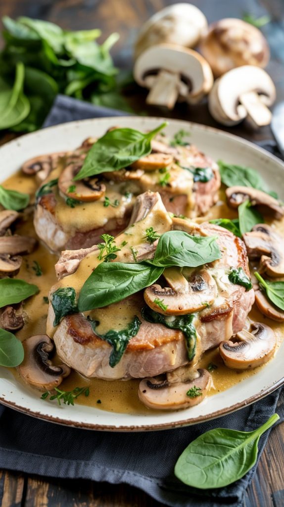 Creamy Spinach Mushroom Pork Chops recipe