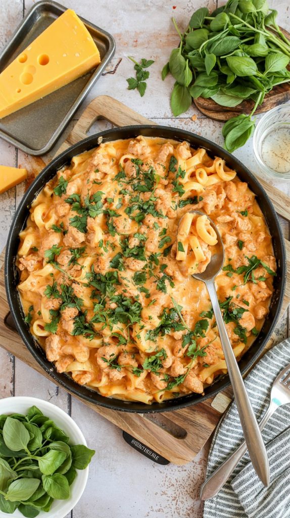 One Skillet Cheesy Ground Chicken Pasta Recipe