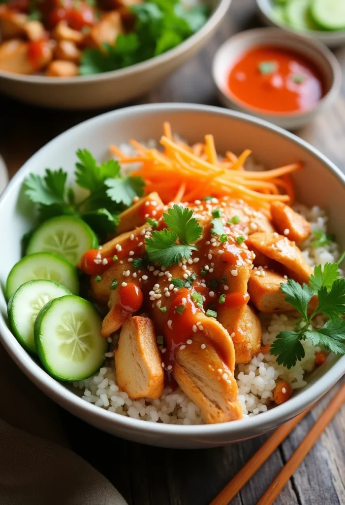 Thai Sweet Chili Rotisserie Chicken Bowls with Cucumber Crunch