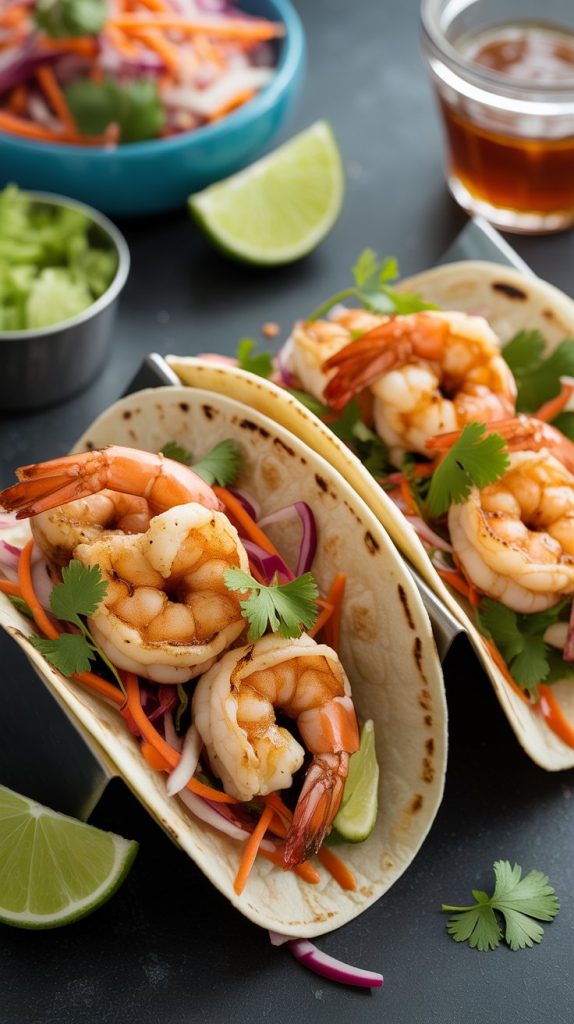 Baja Shrimp Tacos with Honey Lime Slaw and Spicy Sauce recipe