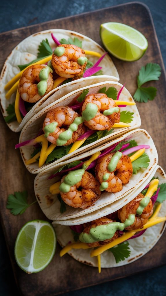 Spicy Shrimp Tacos with Mango Slaw And Avocado Cream Recipe